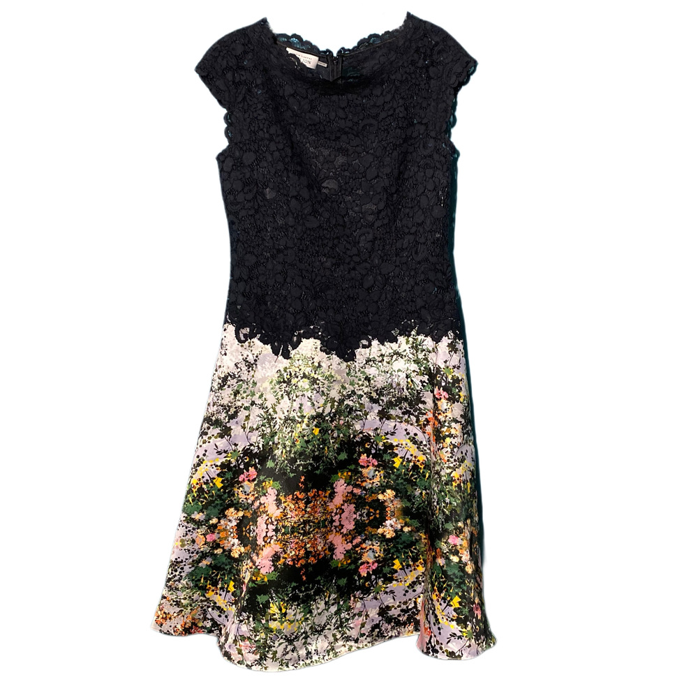 Teri Jon by Rickie Freeman Black 3D Lace Cap Sleeve Floral Print Midi Dr…